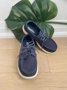 Skechers Navy Canvas Lace-Up Boat Sneakers with Cream Sole